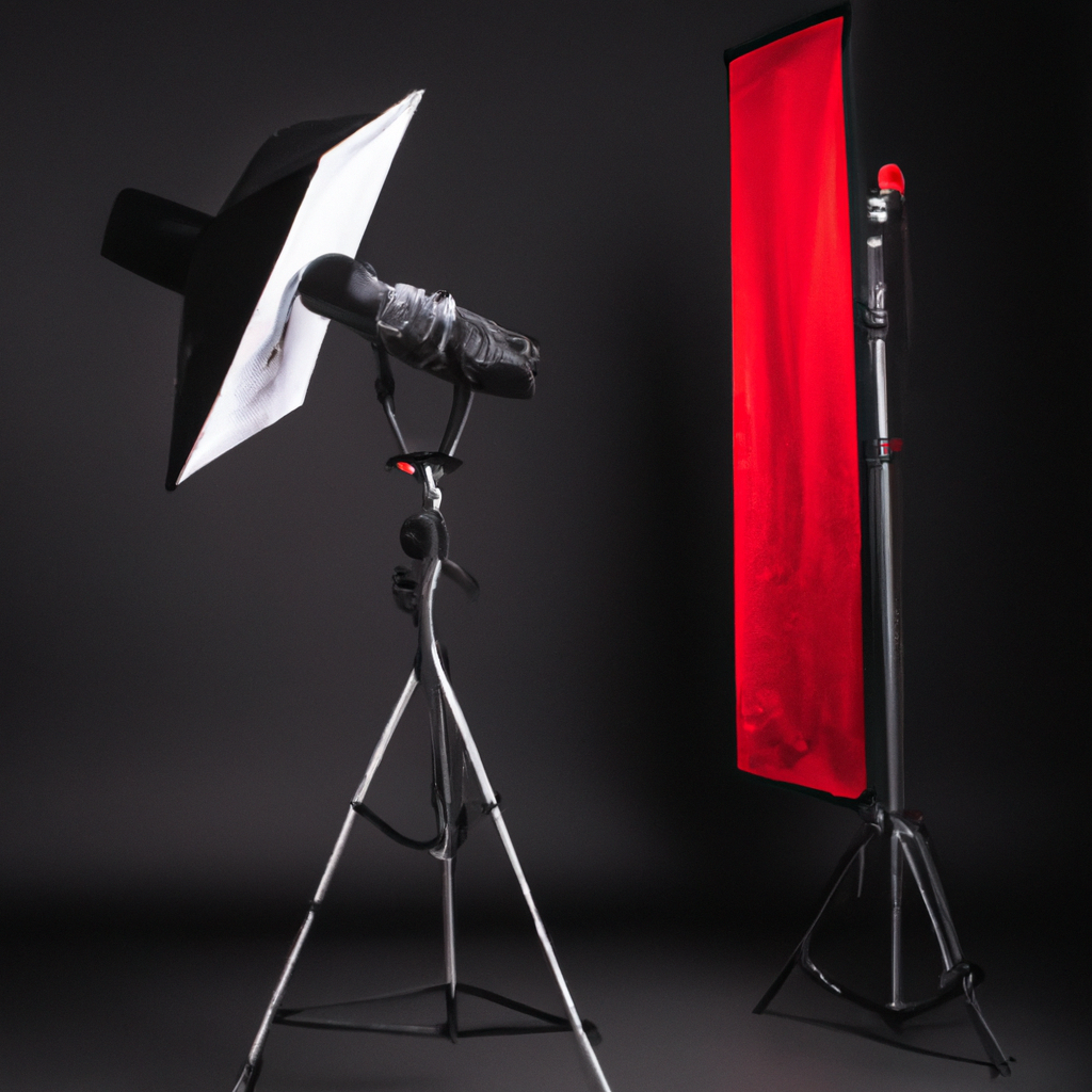 Studio photo professionnel avec éclairages, trépieds et cyclorama gris, configuration soignée et moderne